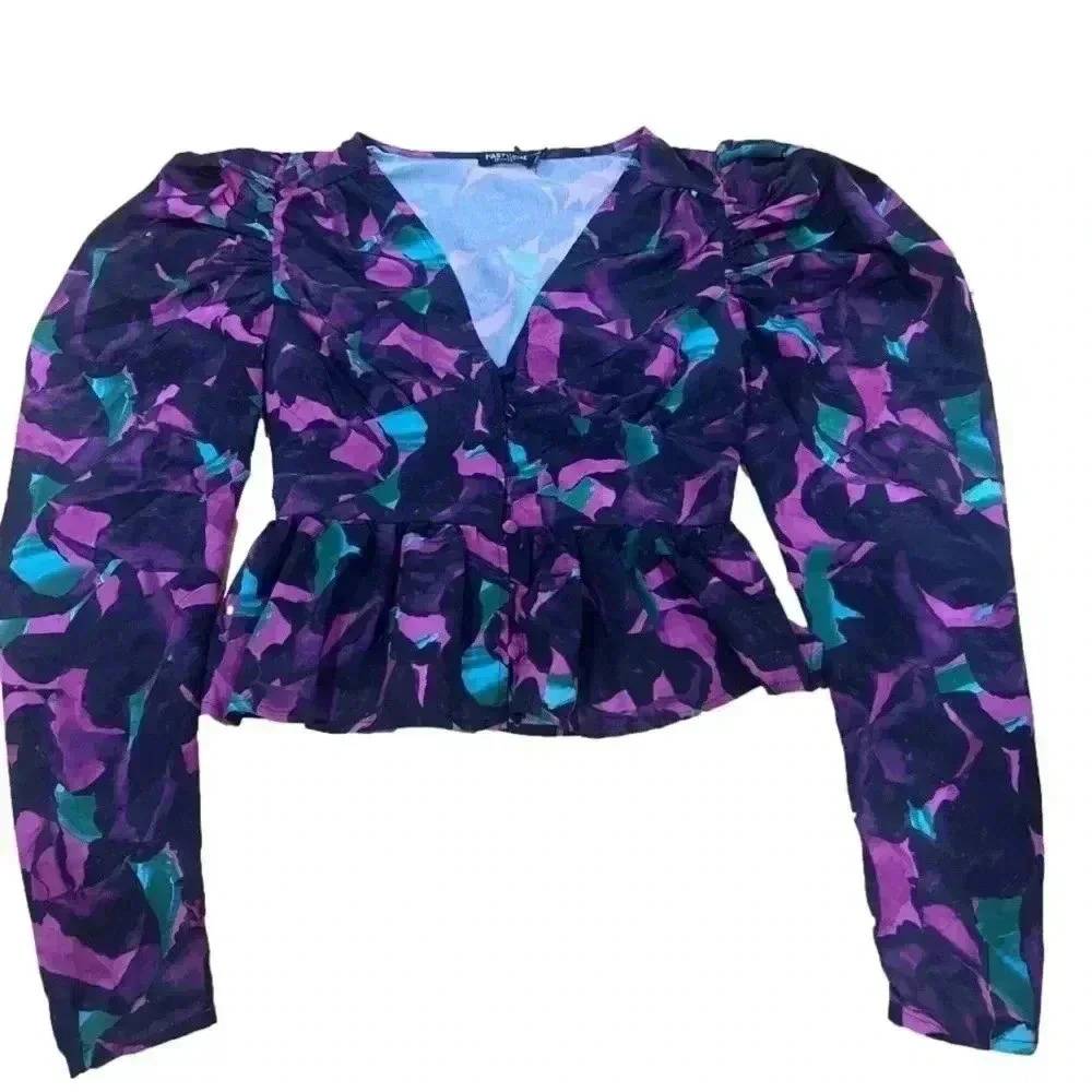 Nasty Gal Collection Puffy Sleeve Floral Print Button Up Blouse Size 0 NWOT